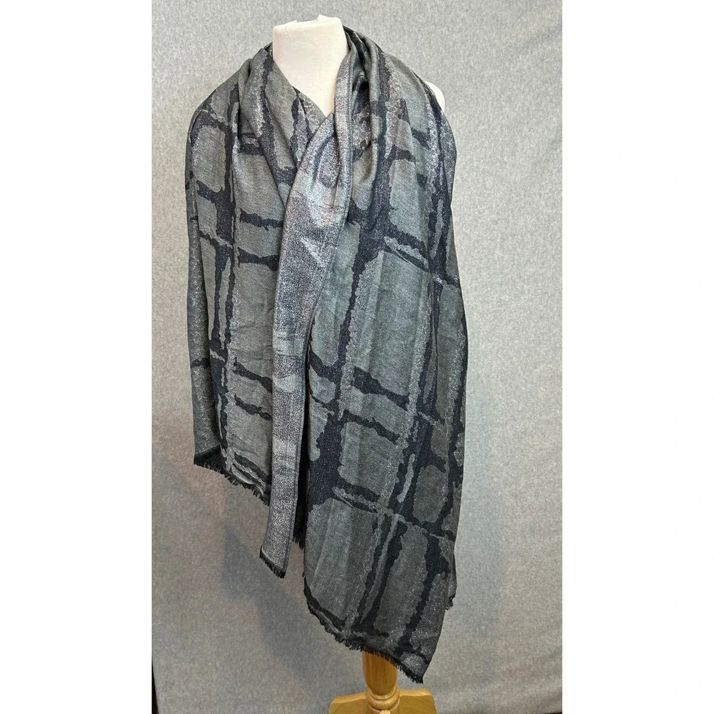 Silver Black Metallic Scarf Wrap Abstract Fringe Minimalist Neutral Accessory